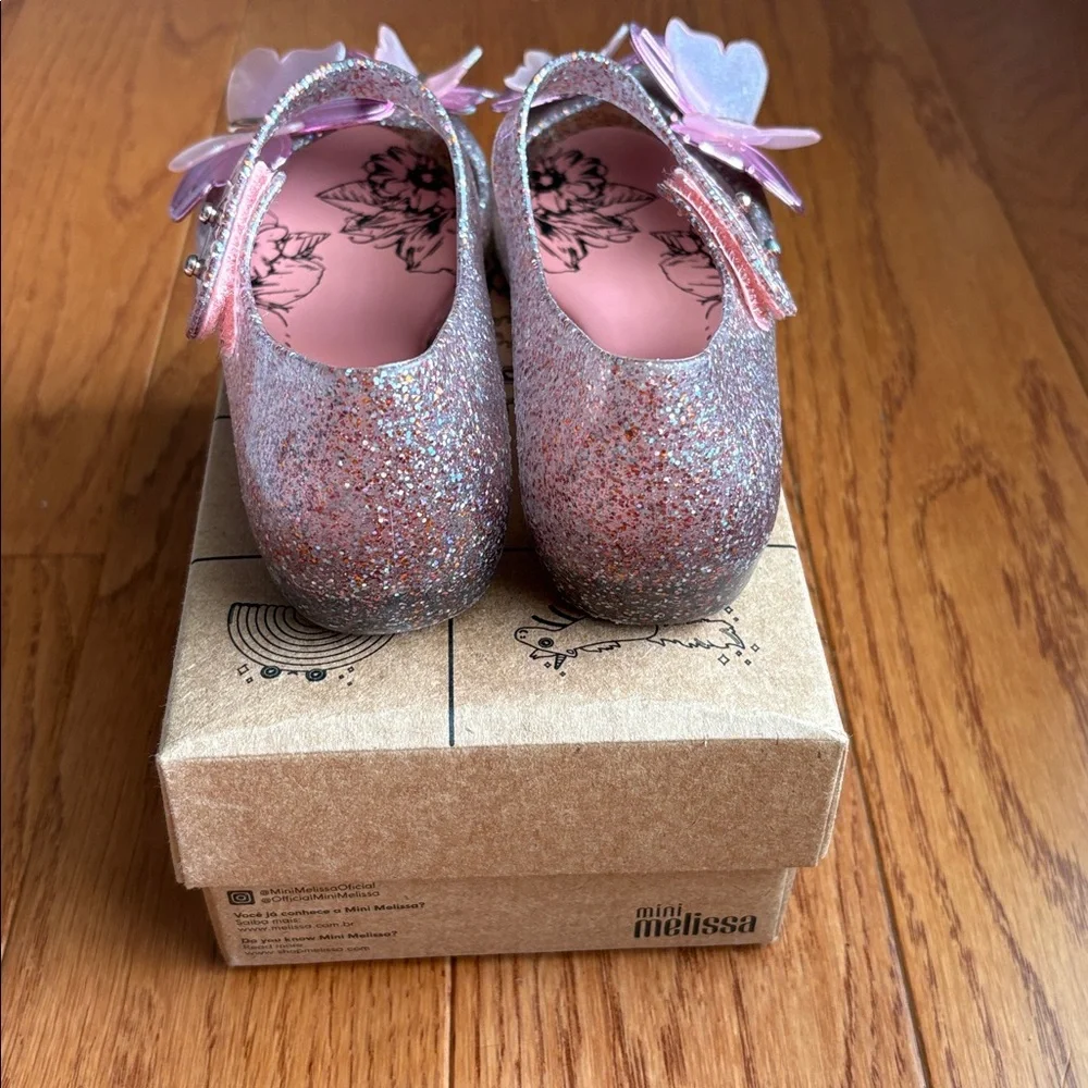 Mini Melissa Pink Glitter Mary Jane Shoes with Butterflies lightly used with box